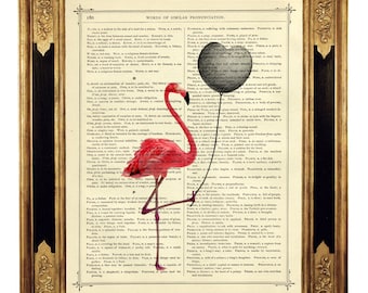 Dictionnaire flamant rose noir ballon coeur Saint Valentin affiche shabby chic - page de livre victorienne vintage impression d'art Steampunk