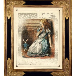 Alice in Wonderland Tunnel White Rabbit Cottagecore - Vintage Victorian Book Page Art Print Steampunk Color Colour Poster