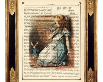 Alice no país das maravilhas túnel coelho branco cottagecore-vintage vitoriano livro página arte impressão steampunk cor cartaz
