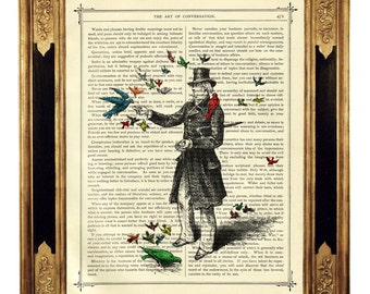 Gentleman feeding Birds Dictionary Art Top Hat Poster Shabby Chic - Vintage Victorian Book Page Art Print Steampunk