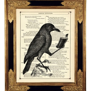 Raven Crow reading book Bird Dictionary Art Halloween Dark Academia  - Vintage Victorian Book Page Art Print Steampunk