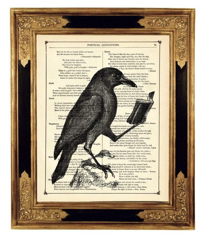 May include: A black raven with a book in its beak, perched on a branch with leaves. The raven is looking at the book. The image is from a vintage book with text about the heart and happiness.