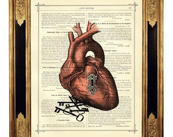 Anatomical Heart Dictionary Keyhole Key Valentine's Day Poster Gift Dark Academia - Vintage Victorian Book Page Art Print Steampunk