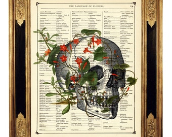 Flowers Human Skull II Gothic Poster Dark Academia - Vintage Victorian Book Page Art Print Steampunk Dictionary Halloween
