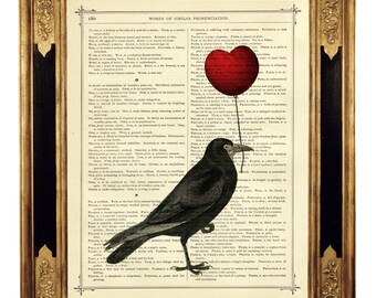 Corbeau corbeau rouge coeur ballon Saint Valentin gothique amour Dark Academia - page de livre victorienne vintage impression d'art affiche steampunk