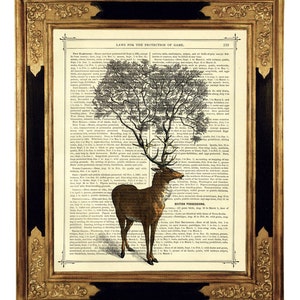 Stag Art Print Tree growing from Antlers Deer Woods - Vintage Victorian Book Page Art Print Dark Academia Surrealism