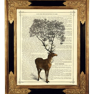 Hirsch Kunstdruck mit Baum Geweih Äste Hannibal Gothic Wald Reh Steampunk Druck auf antiker viktorianischer Buchseite Bild 1