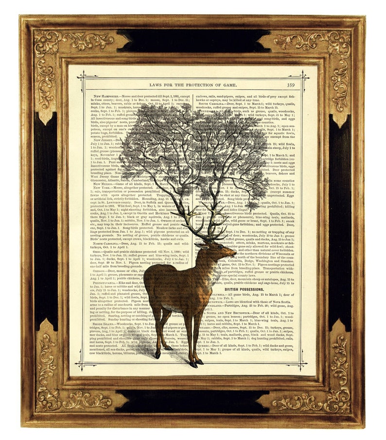 Hirsch Kunstdruck mit Baum Geweih Äste Hannibal Gothic Wald Reh Steampunk Druck auf antiker viktorianischer Buchseite Bild 1