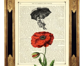 Girl flying Umbrella lands on Flower Poppy Cottagecore - Vintage Victorian Book Page Art Print Steampunk Nursery