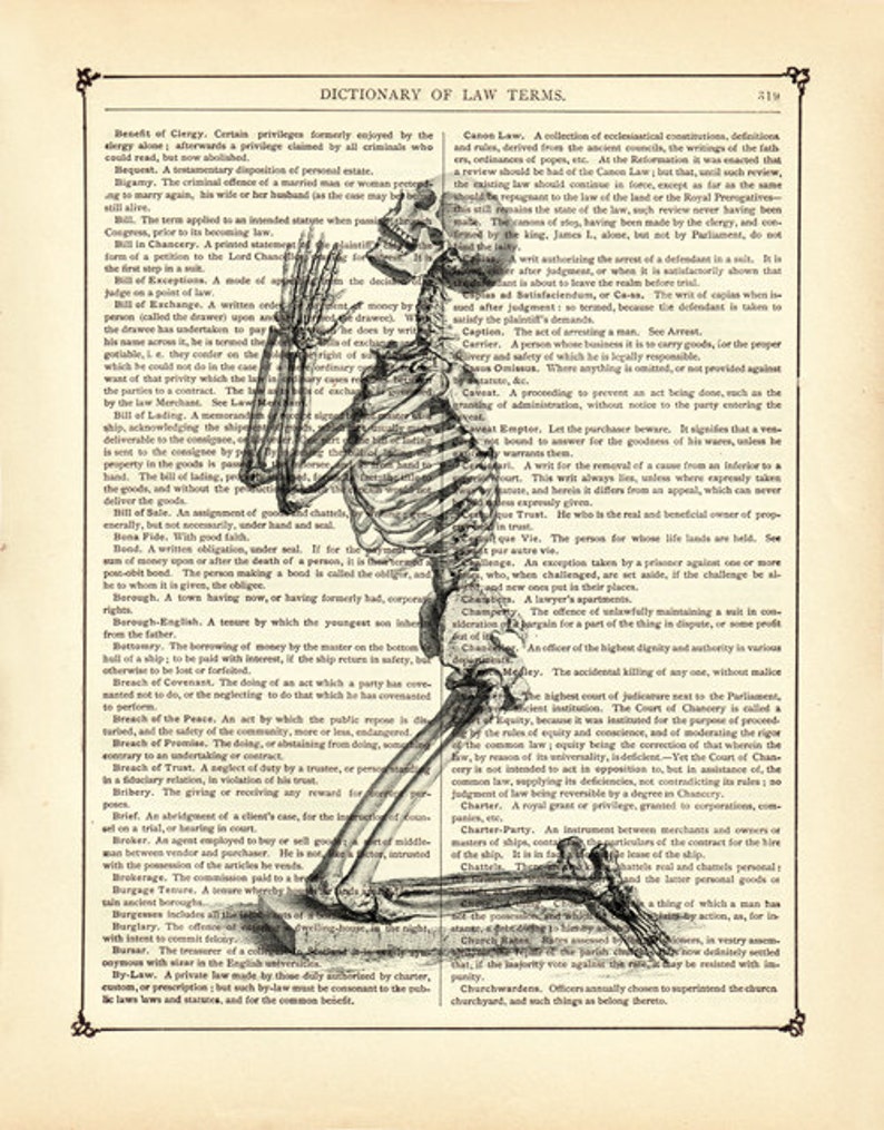 Betendes Skelett Kunstdruck Knochen Totenkopf Gothic Halloween Poster Steampunk Druck auf antiker viktorianischer Buchseite Bild 2