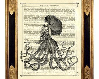 Impression d'art Octopus Kraken Lady Parasol Steampunk Poster tentacules - impression d'art page de livre victorien vintage