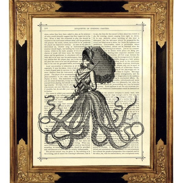 Octopus Kraken Art Print Lady Parasol Steampunk Poster Tentacles - Vintage Victorian Book Page Art Print