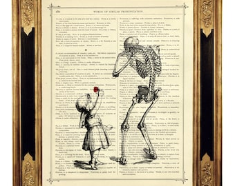 Fille triste squelette impression d'art rose fleur affiche gothique Halloween - page de livre victorienne vintage impression d'art Steampunk