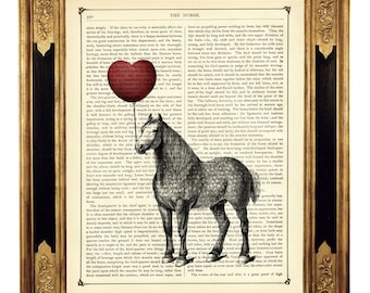 Impression d'art cheval coeur rouge ballon cottagecore dictionnaire Saint Valentin anniversaire - page de livre victorienne vintage affiche steampunk