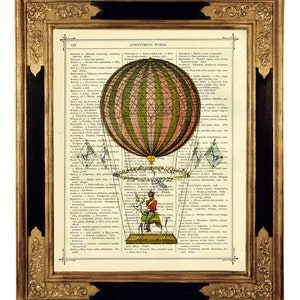 May include: A vintage illustration of a hot air balloon with a pink and green striped pattern, surrounded by a wreath of flowers and leaves. The balloon is being held aloft by two figures, one in a red uniform and the other in a blue uniform. The illustration is set against a background of a page from a dictionary with the word "SYNONYMOUS WORDS" at the top.