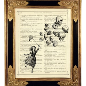 Halloween Girl catches Skull Balloons Gothic Dark Academia Halloween - Vintage Victorian Book Page Art Print Steampunk