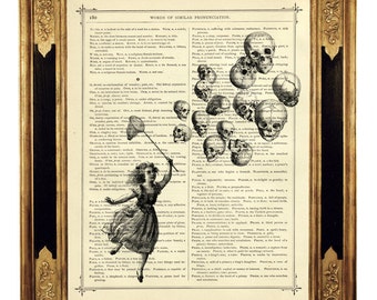 Menina de Halloween pega balões de caveira gótico escuro Academia Halloween - página de livro vitoriano vintage impressão de arte Steampunk