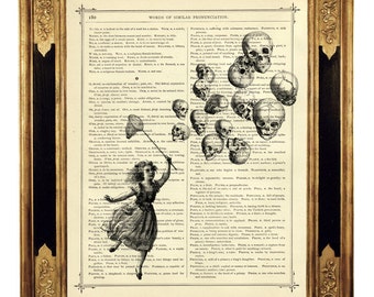 Halloween Girl catches Skull Balloons Gothic Dark Academia Halloween - Vintage Victorian Book Page Art Print Steampunk