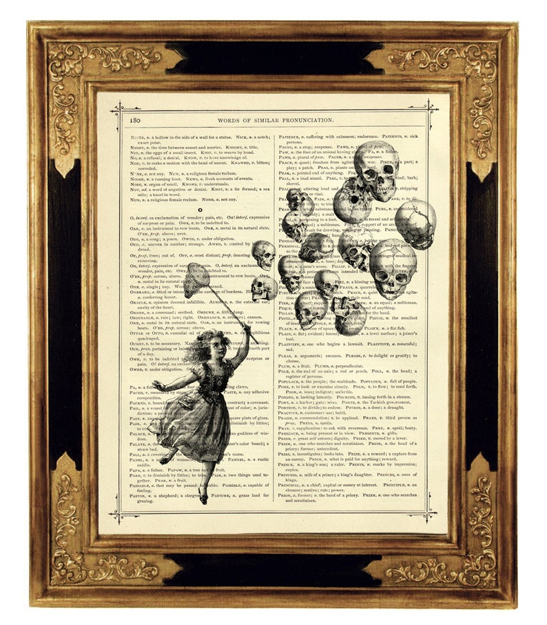 Halloween Girl catches Skull Balloons Gothic Dark Academia Halloween Vintage Victorian Book Page Art Print Steampunk image 1