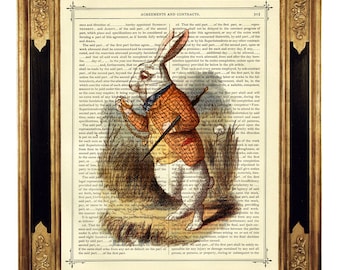 Horloge d'Alice au pays des merveilles le lapin blanc couleur lapin de Pâques - page de livre victorienne vintage impression d'art Cottagecore