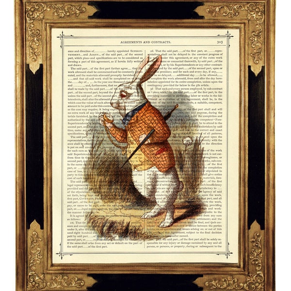 Alice in Wonderland The White Rabbit Clock color Easter Bunny - Vintage Victorian Book Page Art Print Cottagecore