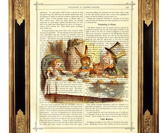 Alice in Wonderland Tea Party Mad Hatter Cottagecore Poster color - Vintage Victorian Book Page Art Print Steampunk