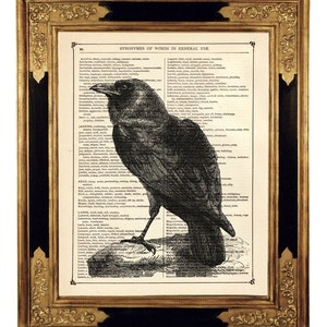 Rabe Druck Krähe Kunstdruck Gothic Halloween Druck auf viktorianischer Buchseite Poster Dekoration Illustration Steampunk