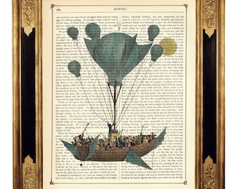 Dirigeable montgolfières bleu Steampunk Fantasy Poster - page de livre victorienne vintage Impression artistique