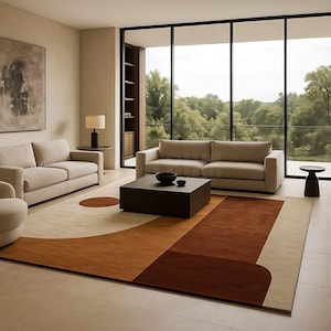 Alfombra geométrica abstracta: estilo moderno de mediados de siglo, beige, marrón y naranja