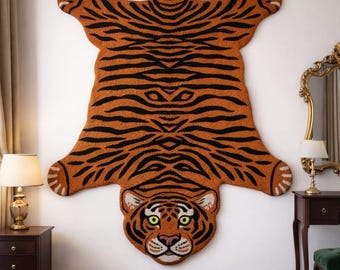 Hand Tufted Tiger Rug – New Zealand Wool Animal Area Rug, Burnt Orange Statement Decor