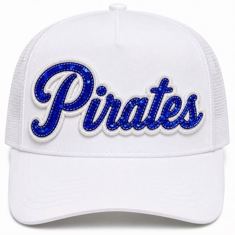 May include: A white trucker hat featuring a prominent script-style applique on the front panel. The word Pirates is embroidered in bright blue sequins with a thick white border, creating a raised, textured effect against the solid white fabric.