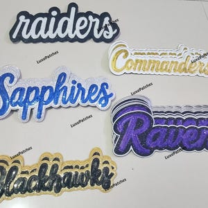 Op de afbeelding: Een verzameling geborduurde teamnaam-patches in verschillende kleuren. De patches bevatten "Raiders" in zwart en wit, "Commanders" in goud en wit, "Sapphires" in blauw en zilver, "Ravens" in paars en zwart en "Blackhawks" in zwart en goud.
