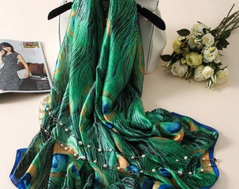 Luxury Brand Green Peacock Feather Silk Shawl Scarf