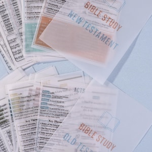 Könnte beinhalten: Eine Sammlung von Bibelstudienführern mit Text und farbigen Akzenten. Die Führer befinden sich in transparenten Plastikhüllen, auf denen die Wörter "Bible Study" und "New Testament" aufgedruckt sind. Auf einer hellblauen Oberfläche.