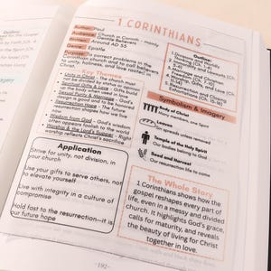 Könnte beinhalten: Aufgeschlagene Bibel mit dem Text "1. Korinther" und detaillierten Notizen zu den Themen des Buches, darunter "Einheit in Christus" und "Auferstehungshoffnung". Die Seiten sind weiß mit schwarzem Text und hervorgehobenen Abschnitten.