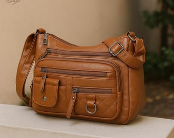 Stylish PU Leather Bag / Soft PU Shoulder Bag / Medium Size Women’s Purse / Multi-Zipper Handbag / Ladies Crossbody Bag / Gift for Her