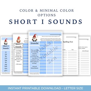 May include: A set of printable educational worksheets in blue and white. The worksheets cover topics such as "Short I Sounds", "Grateful", and "Spelling Test". The text "Instant Printable Download - Letter Size" is at the bottom.