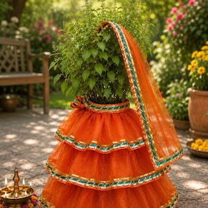 May include: A green plant potted in a container draped with a three-tiered orange tulle skirt featuring teal and gold trim. A matching orange tulle veil with teal and gold borders extends from the top of the skirt, creating a decorative display.