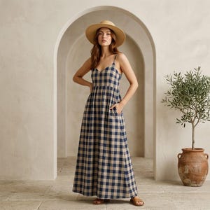 May include: A navy and beige gingham maxi dress with thin straps and pockets. The dress is worn with a wide-brimmed straw hat. The dress is a maxi length.