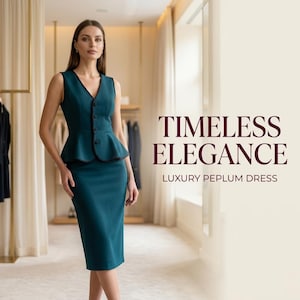 Puede incluir: Un vestido péplum sin mangas de color verde azulado con escote en V y una hilera de botones oscuros en la parte delantera. El texto a la derecha dice: TIMELESS ELEGANCE LUXURY PEPLUM DRESS. El vestido tiene un corpiño ajustado y falda hasta la rodilla.