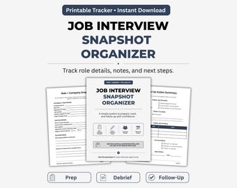 Job Interview Planner Printable, Interview Prep Tracker, Debrief Notes & Follow Up Organizer