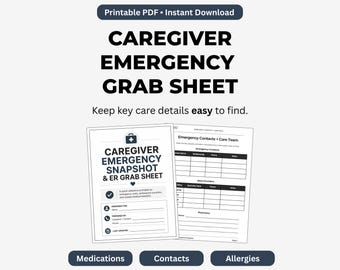 Caregiver Emergency Grab Sheet Printable, Medical Info Sheet, Medication List, Emergency Contacts, Care Notes PDF