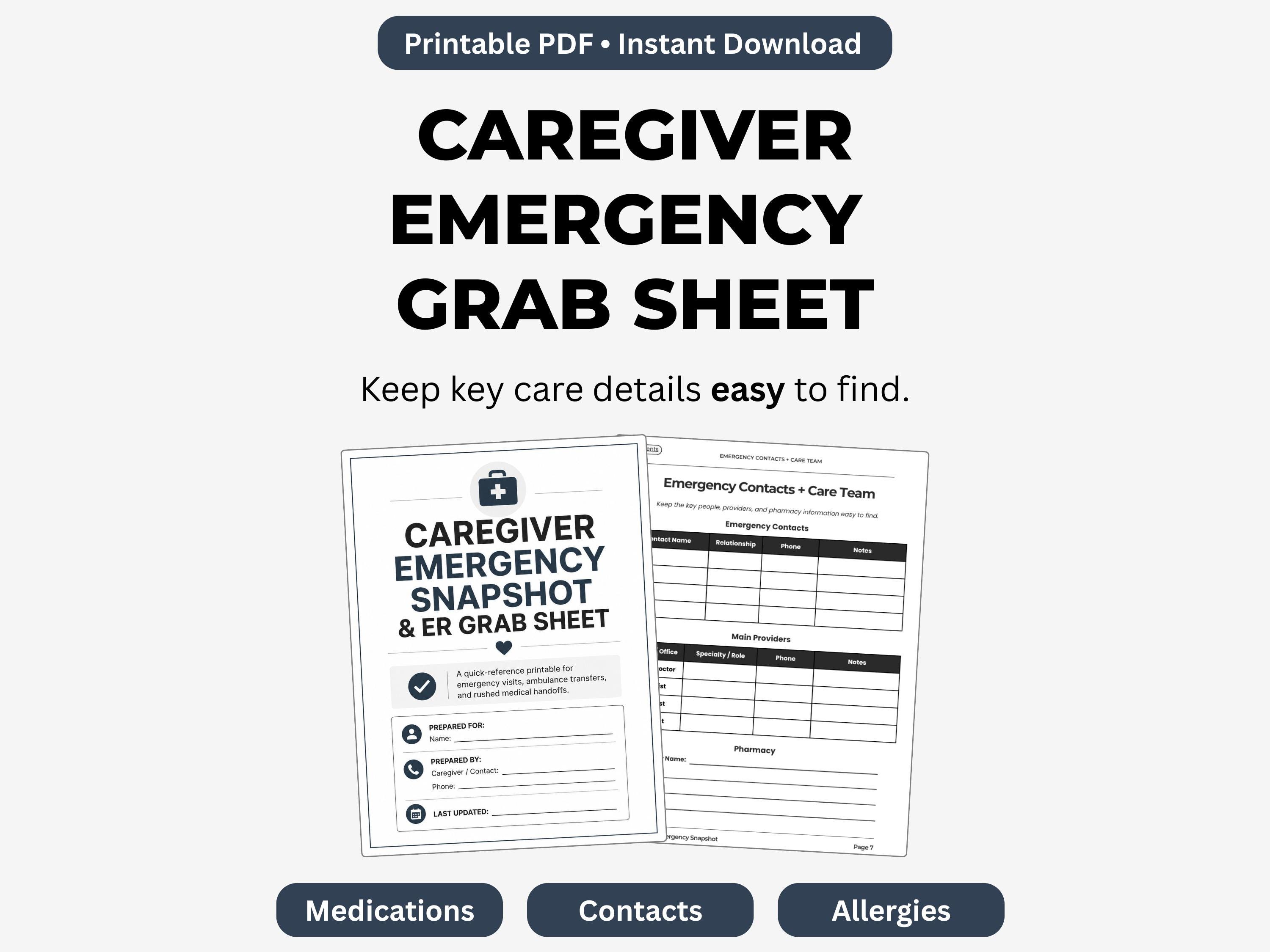 Caregiver Emergency Grab Sheet Printable, Medical Info Sheet ...