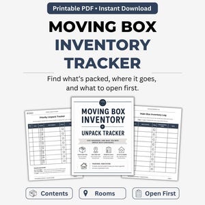 Peut inclure: Un fichier PDF imprimable pour le suivi de l'inventaire des cartons de déménagement avec le texte "MOVING BOX INVENTORY TRACKER". Le document aide les utilisateurs à trouver ce qui est emballé, où il va et ce qu'il faut ouvrir en premier.