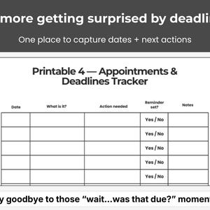 May include: A printable appointments and deadlines tracker with a white background. The document includes sections for date, description, action needed, reminder, and notes. Text at the top reads, "No more getting surprised by deadlines."