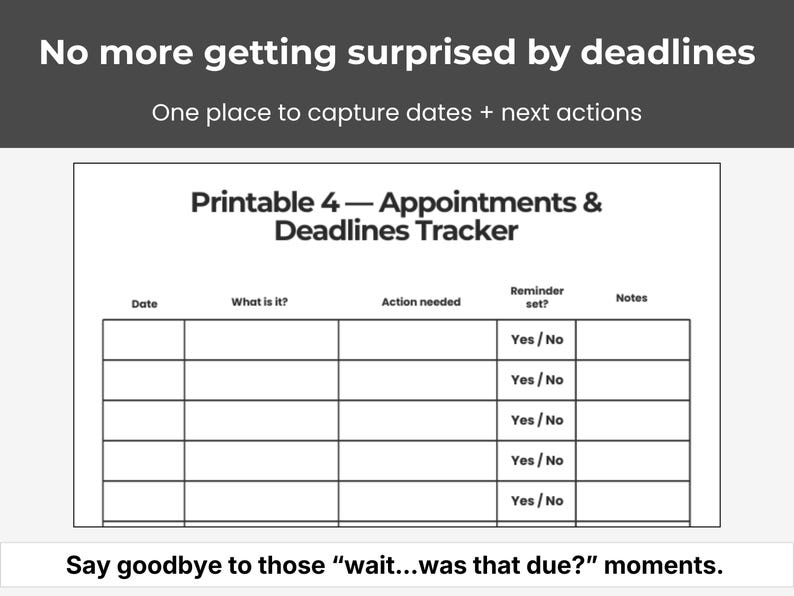 May include: A printable appointments and deadlines tracker with a white background. The document includes sections for date, description, action needed, reminder, and notes. Text at the top reads, "No more getting surprised by deadlines."