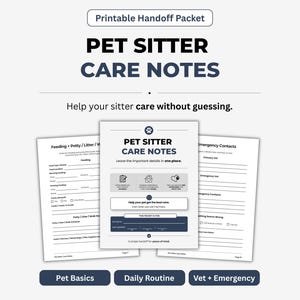 Può includere: Un pacchetto stampabile di note per il pet sitter composto da tre pagine bianche con testo nero. La pagina centrale mostra il titolo PET SITTER CARE NOTES, un'icona a forma di zampa e sezioni per l'alimentazione e i contatti di emergenza.