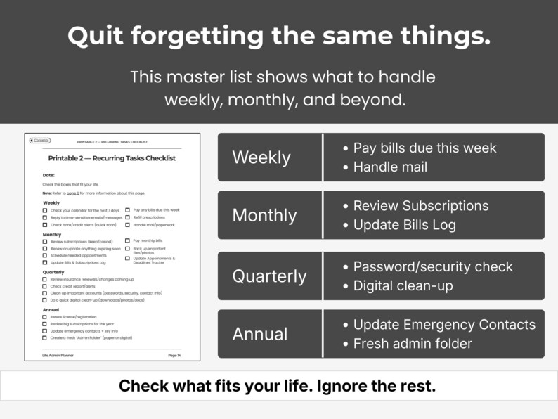 May include: A printable recurring tasks checklist with weekly, monthly, quarterly, and annual tasks. The checklist includes tasks like paying bills, handling mail, reviewing subscriptions, and updating emergency contacts. The text reads "Quit forgetting the same things."
