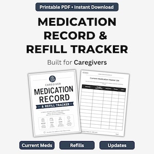Puede incluir: Un registro de medicamentos y un rastreador de recargas en PDF imprimible para cuidadores. El diseño presenta dos documentos con el texto "MEDICATION RECORD & REFILL TRACKER" y "Current Medication Master List". El diseño incluye las palabras "Current Meds", "Refills" y "Updates".