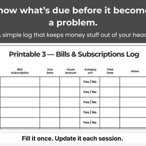 May include: A printable bills and subscriptions log with a white background. The log includes sections for bill/subscription, due date, usual amount, autopay, paid date, and notes. Text at the top reads "Know what's due before it becomes a problem."